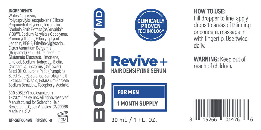 BosleyMD Revive+ Hair Densifying Serum for Men One Month Supply Label.