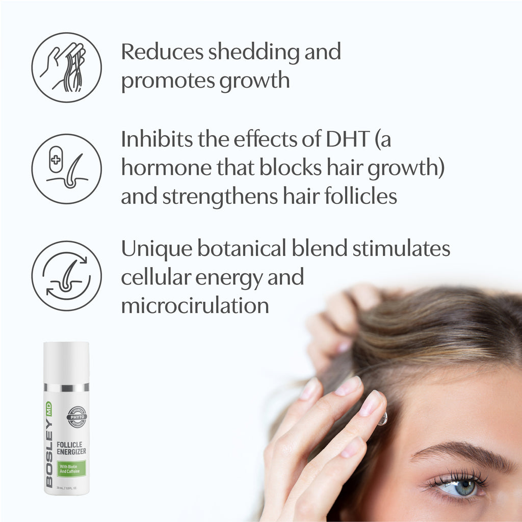 BosleyMD Follicle Energizer. Reduces shedding and promotes growth. Inhibits the effects of DHT. Unique botanical blend stimulates cellular energy and microcirculation.
