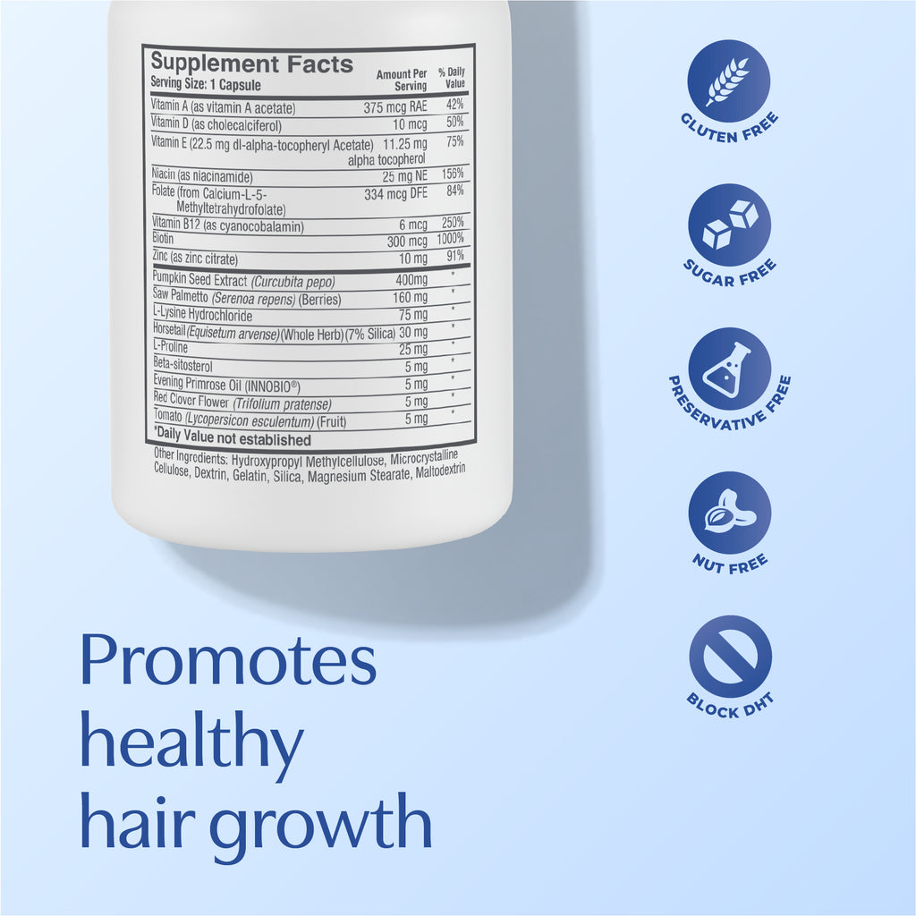 Supplement Facts. Promotes healthy hair growth.