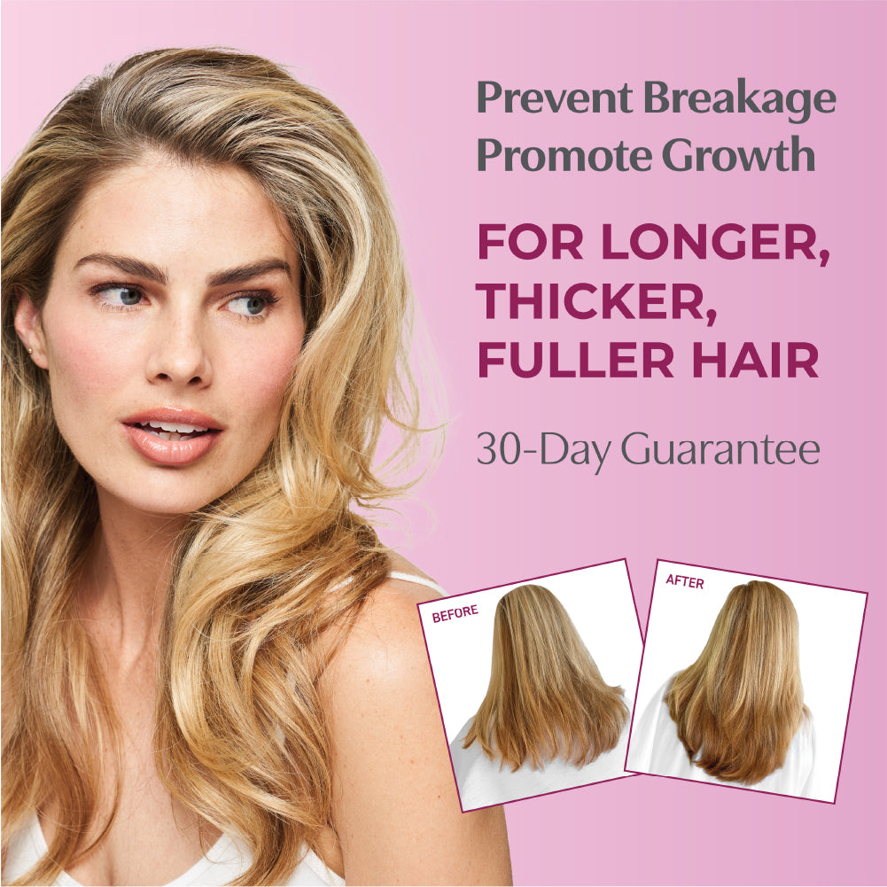 Prevent breakage promote growth, for longer, thicker, fuller hair. 30-day guarantee with before and after images of a female.
