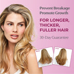 Prevent breakage promote growth, for longer, thicker, fuller hair. 30-day guarantee with before and after images of a female.