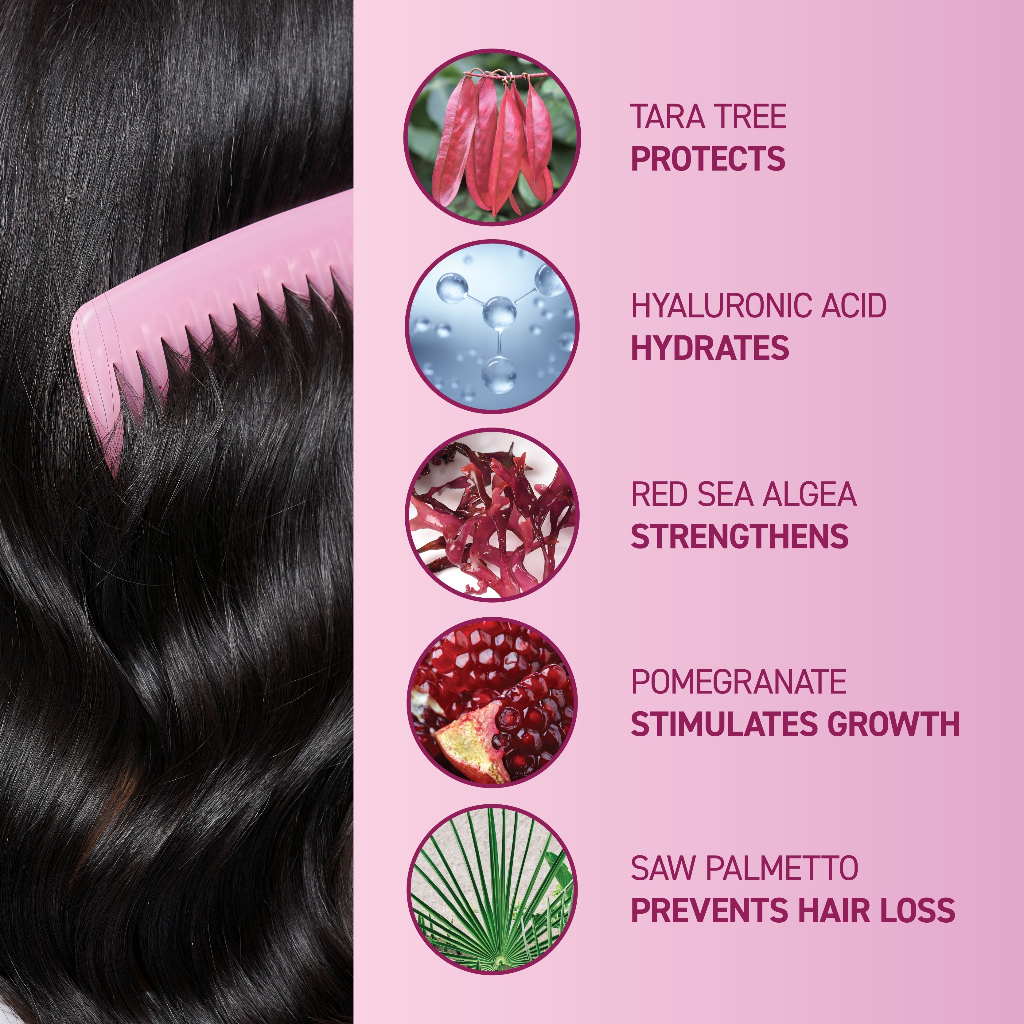 Tara Tree Protects. Hyaluronic Acid Hydrates. Red Sea Algae Strengthens. Pomegranate Stimulates Growth. Saw Palmetto Prevents Hair Loss.